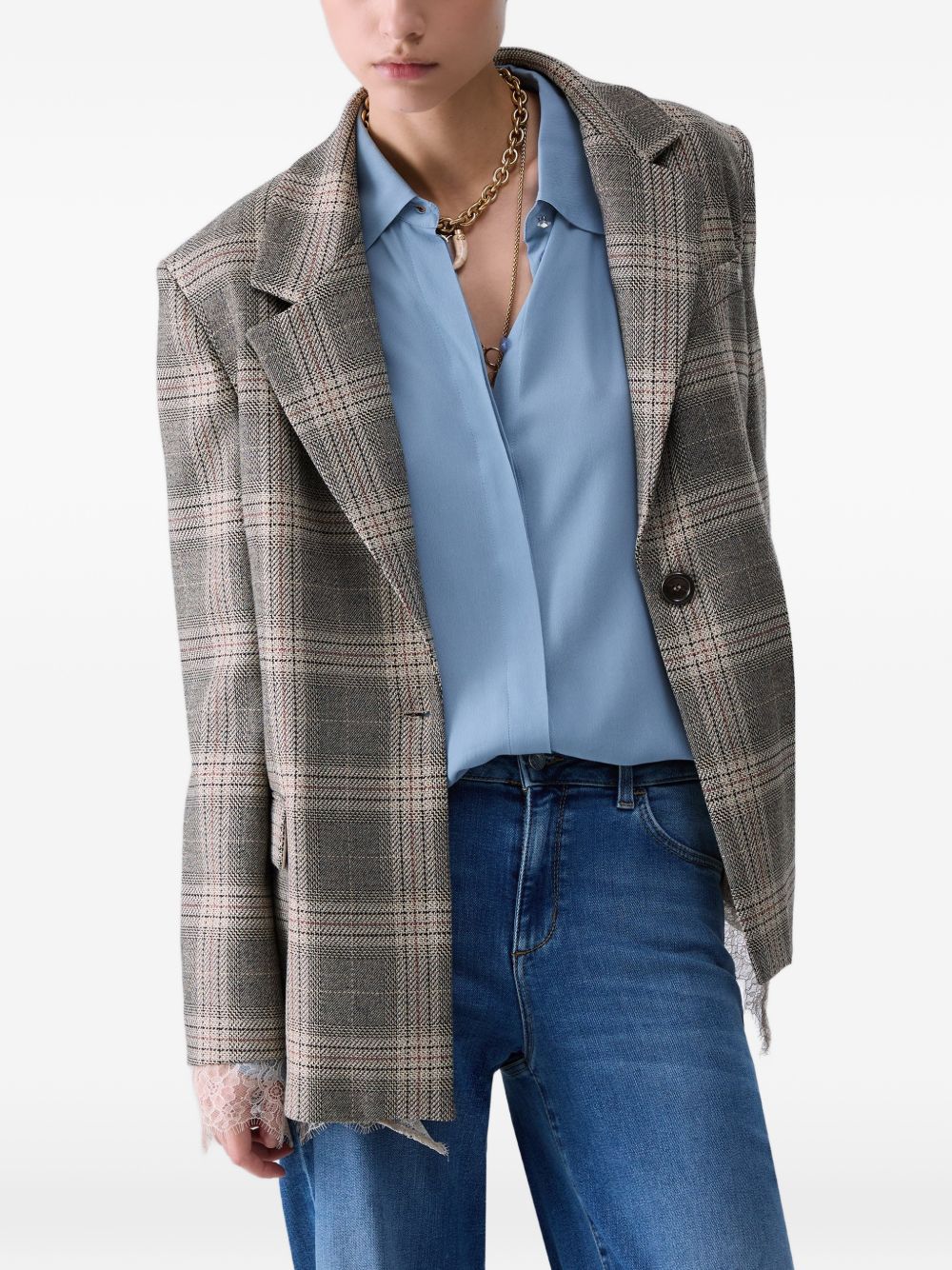 LIUJO Blazer con dettagli in pizzo e texture tartan 