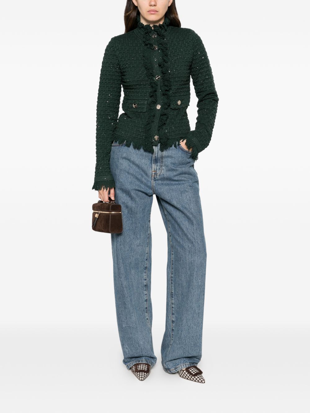 LIUJO Cardigan verde con bordi sfrangiati 