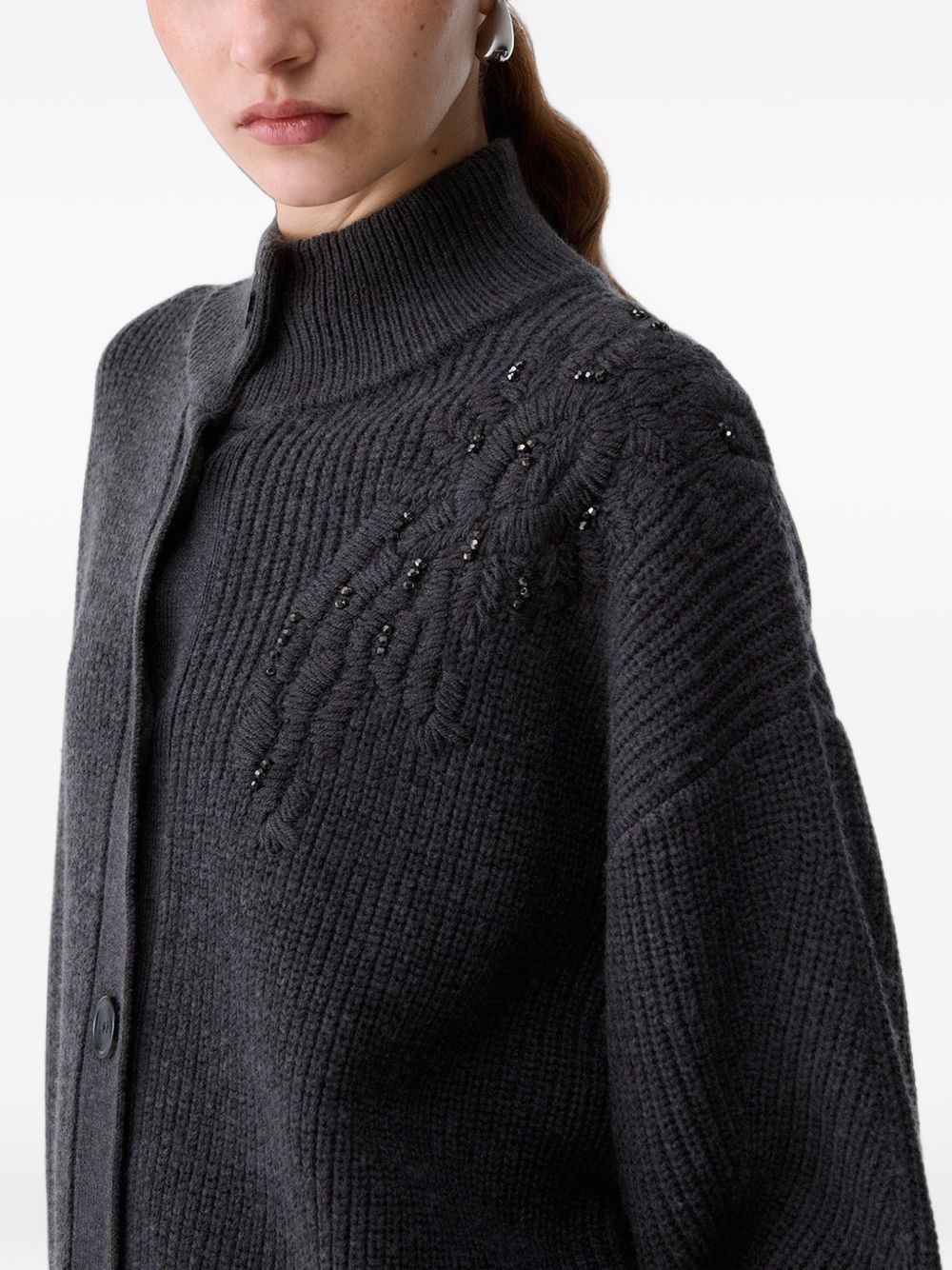 LIUJO Cardigan grigio in lana a collo alto con ricami e strass sulla spalla 
