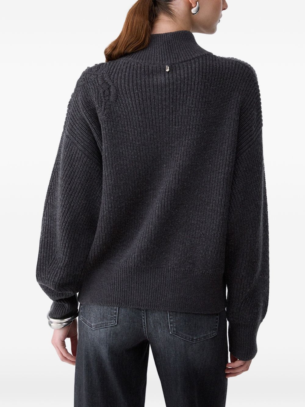 LIUJO Cardigan grigio in lana a collo alto con ricami e strass sulla spalla 
