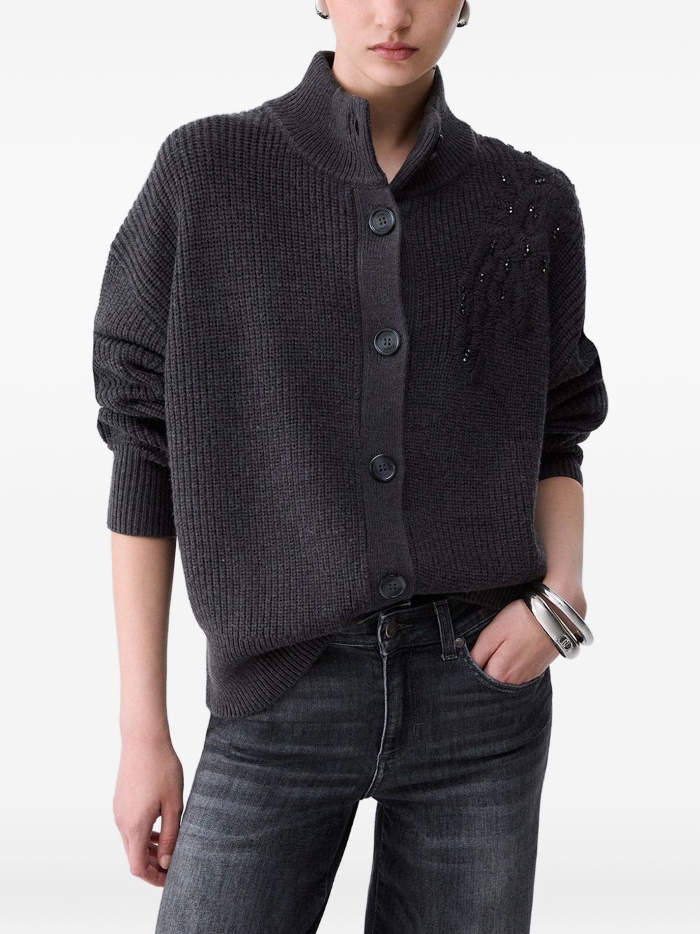 LIUJO Cardigan grigio in lana a collo alto con ricami e strass sulla spalla 