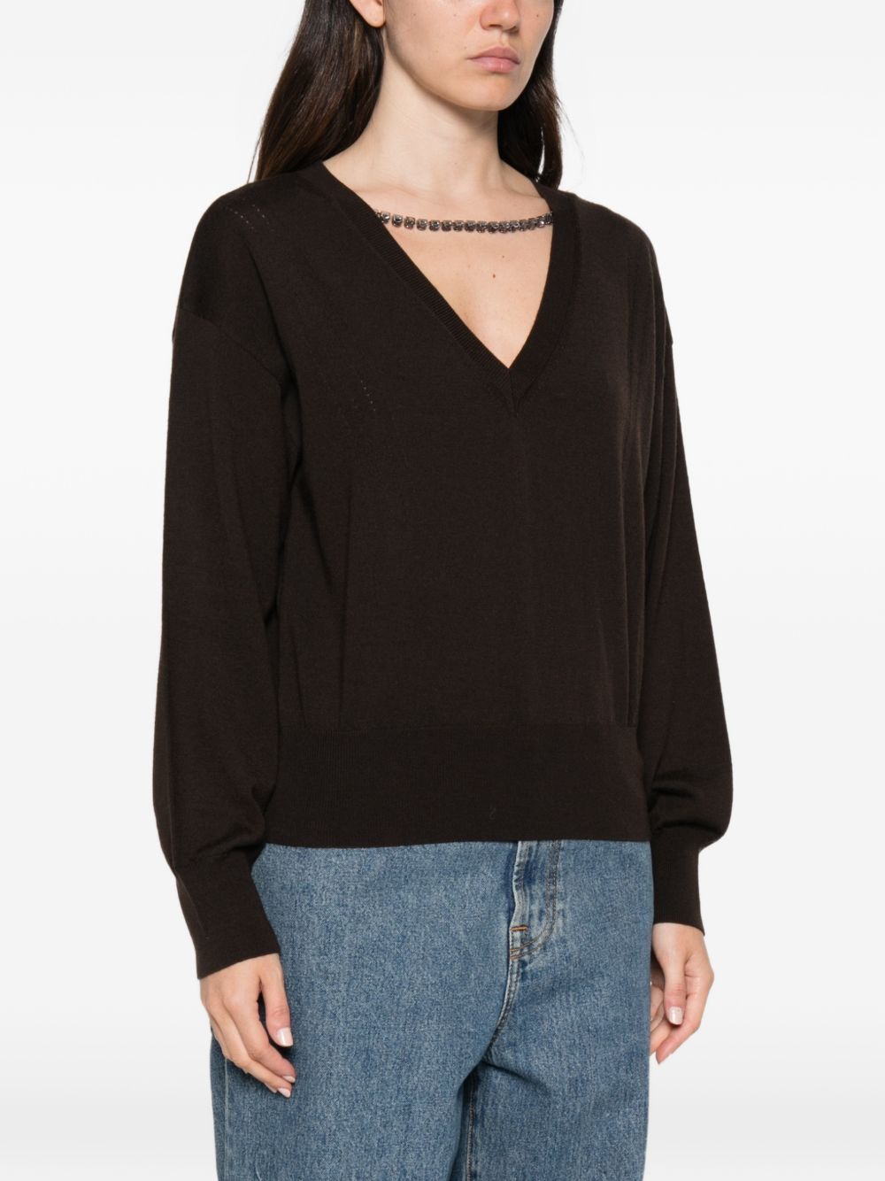 LIUJO Maglia nera in lana con scollo a V e collier incorporato 