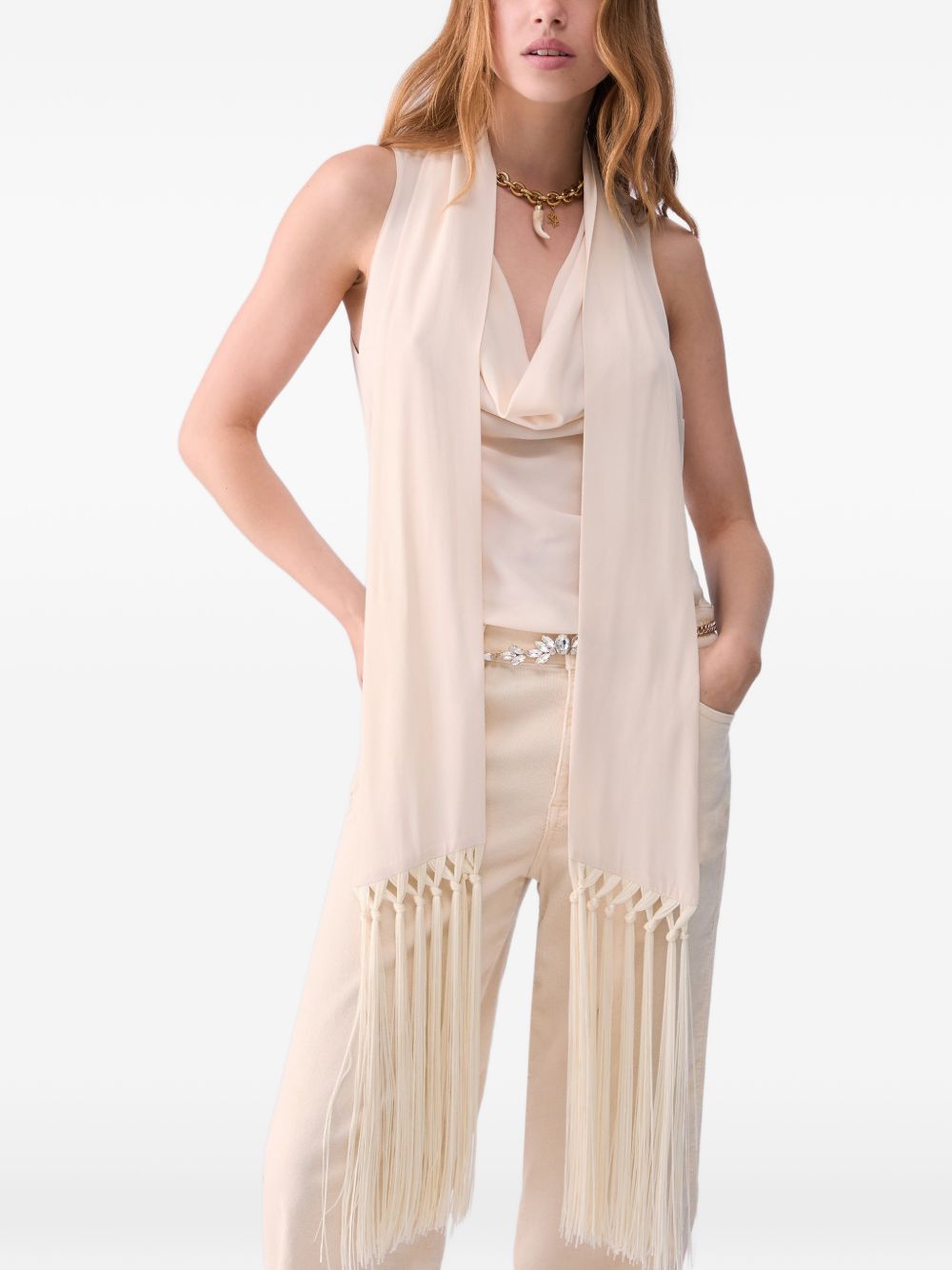 LIUJO Top color crema senza maniche con collo lavallière e frange 