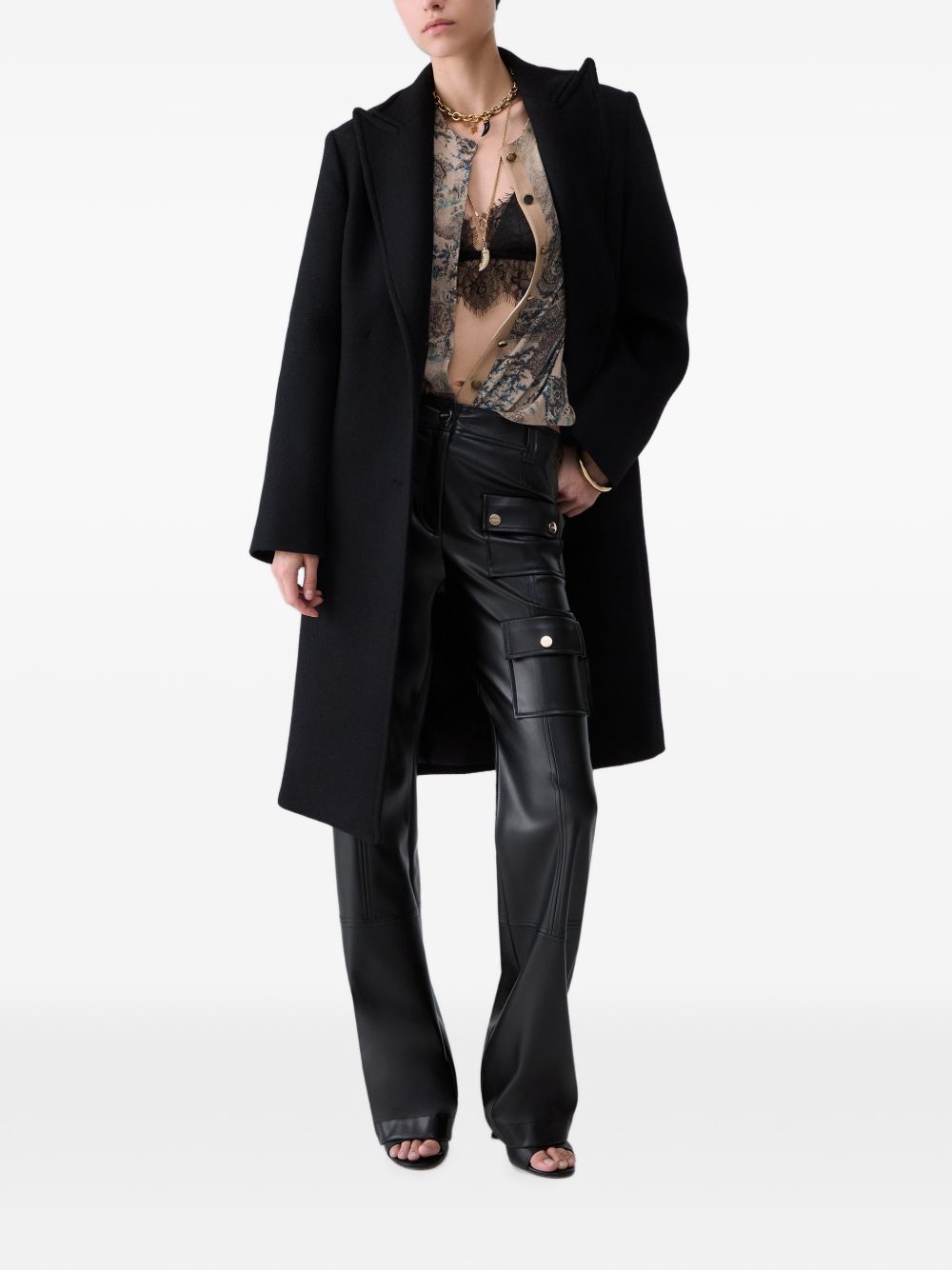 LIUJO Cappotto lungo nero in lana con monobottone dorato 