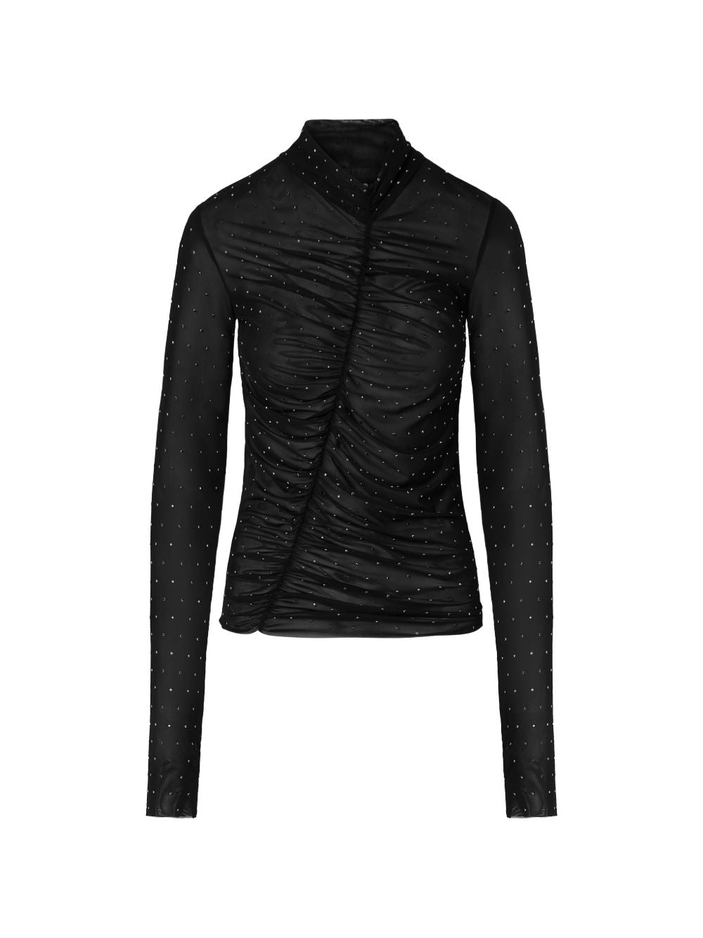 LIUJO Maglia nera a collo alto con texture drappeggiata e strass 