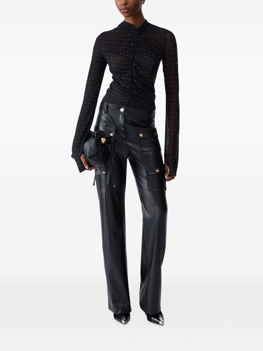 LIUJO Maglia nera a collo alto con texture drappeggiata e strass 