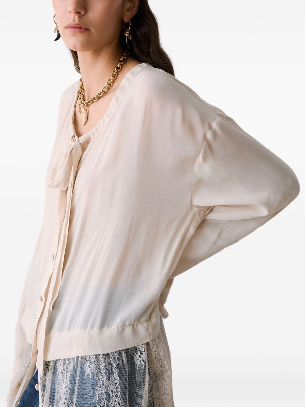LIUJO Camicia bianca con velo lungo in pizzo trasparente 