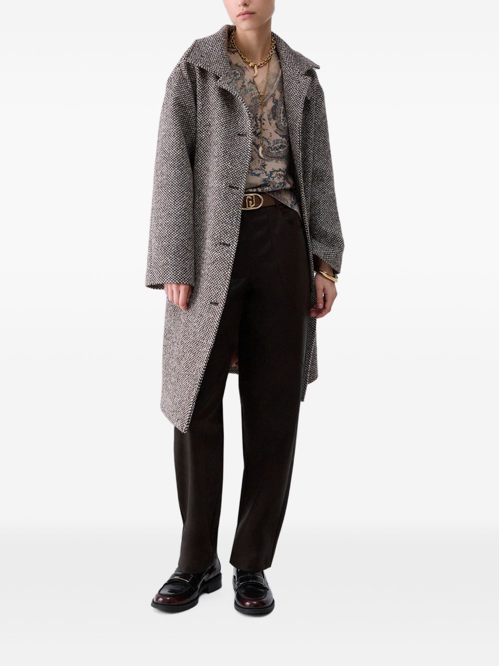 LIUJO Cappotto midi marrone in tessuto spigato con cintura in vita 