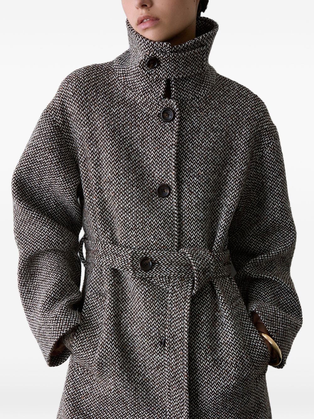 LIUJO Cappotto midi marrone in tessuto spigato con cintura in vita 