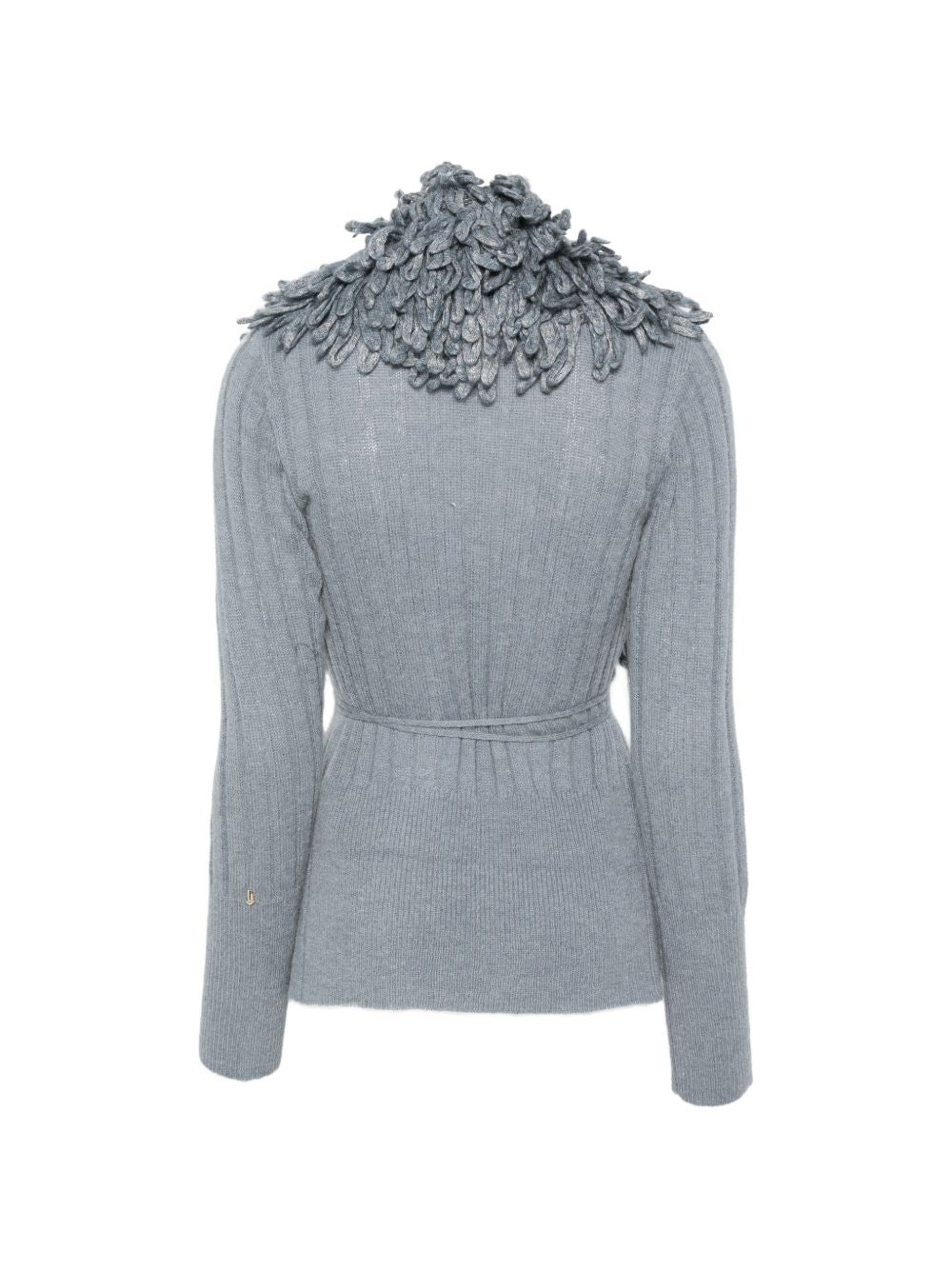 LIUJO Cardigan in lana grigio cielo con frange sul collo 