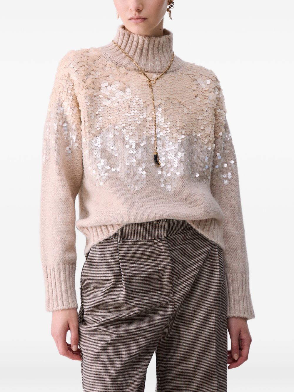 LIUJO Maglia a collo alto in misto lana rosa con strass argentati 
