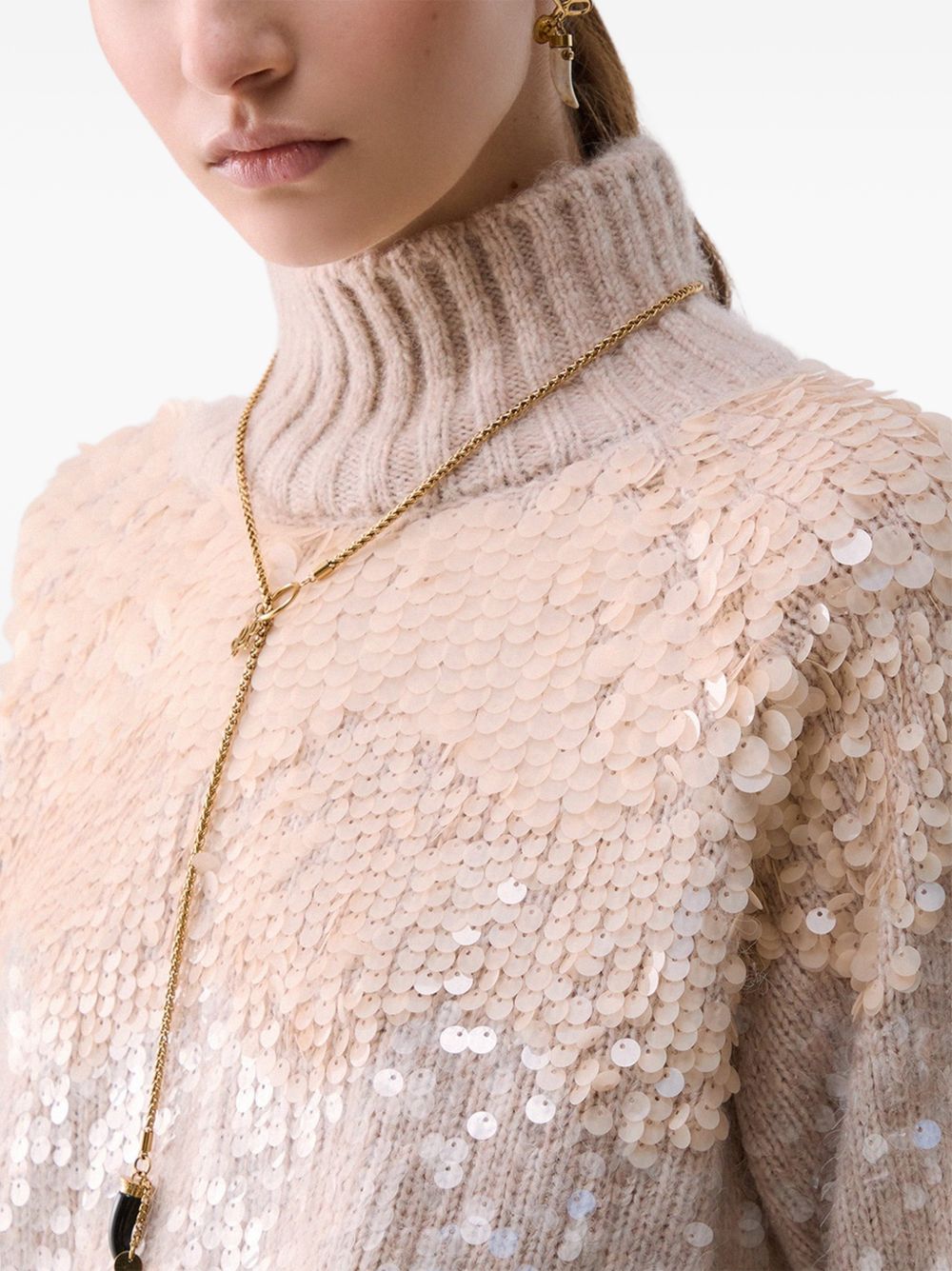 LIUJO Maglia a collo alto in misto lana rosa con strass argentati 