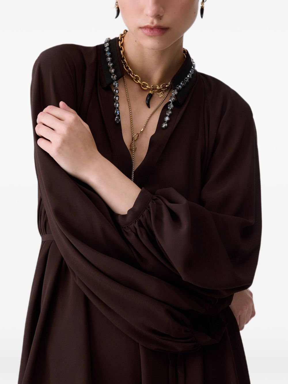 LIUJO Abito marrone drappeggiato con strass sul collo 