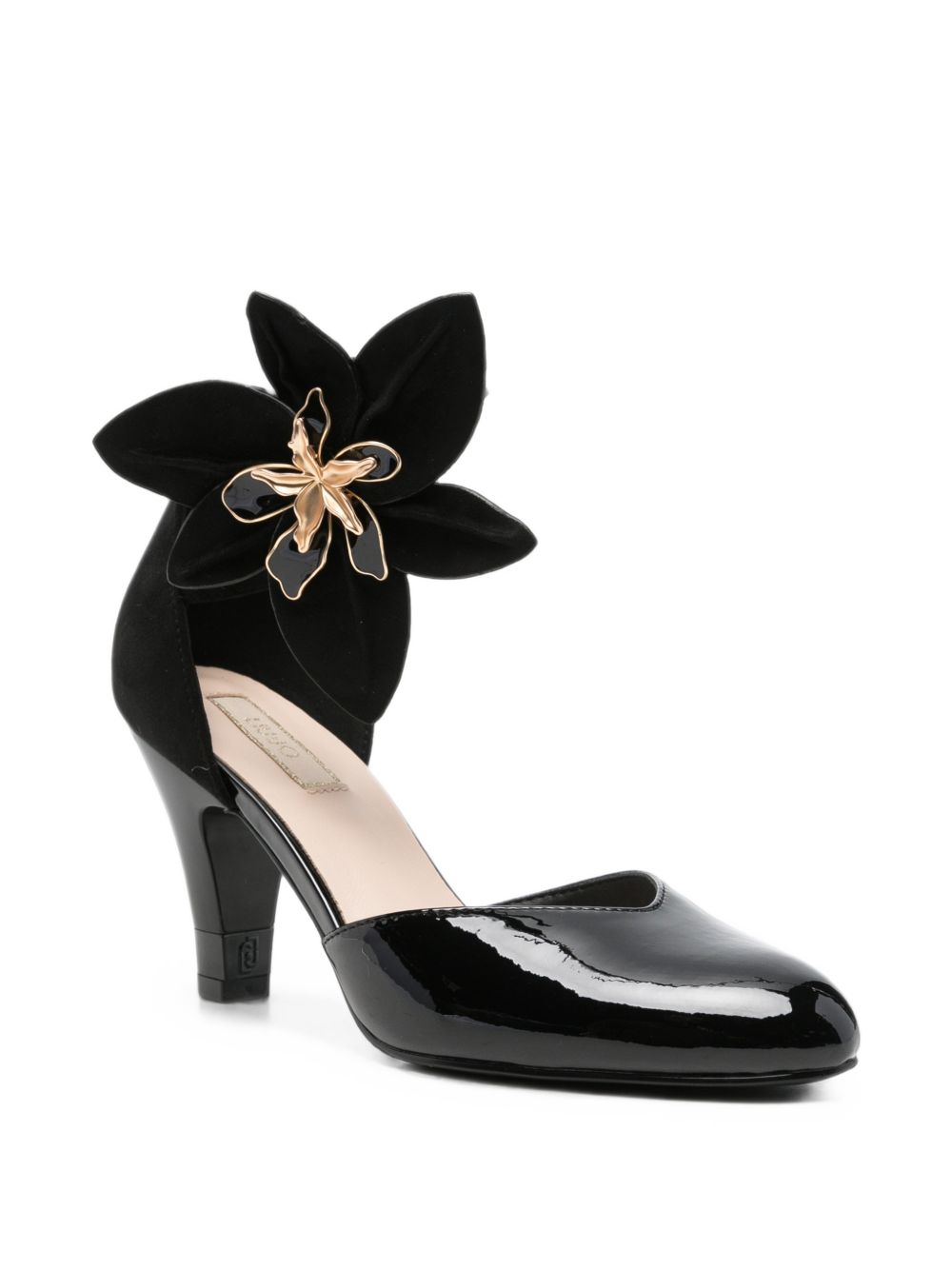 LIUJO Sandalo nero in pelle lucida con maxi fiore 