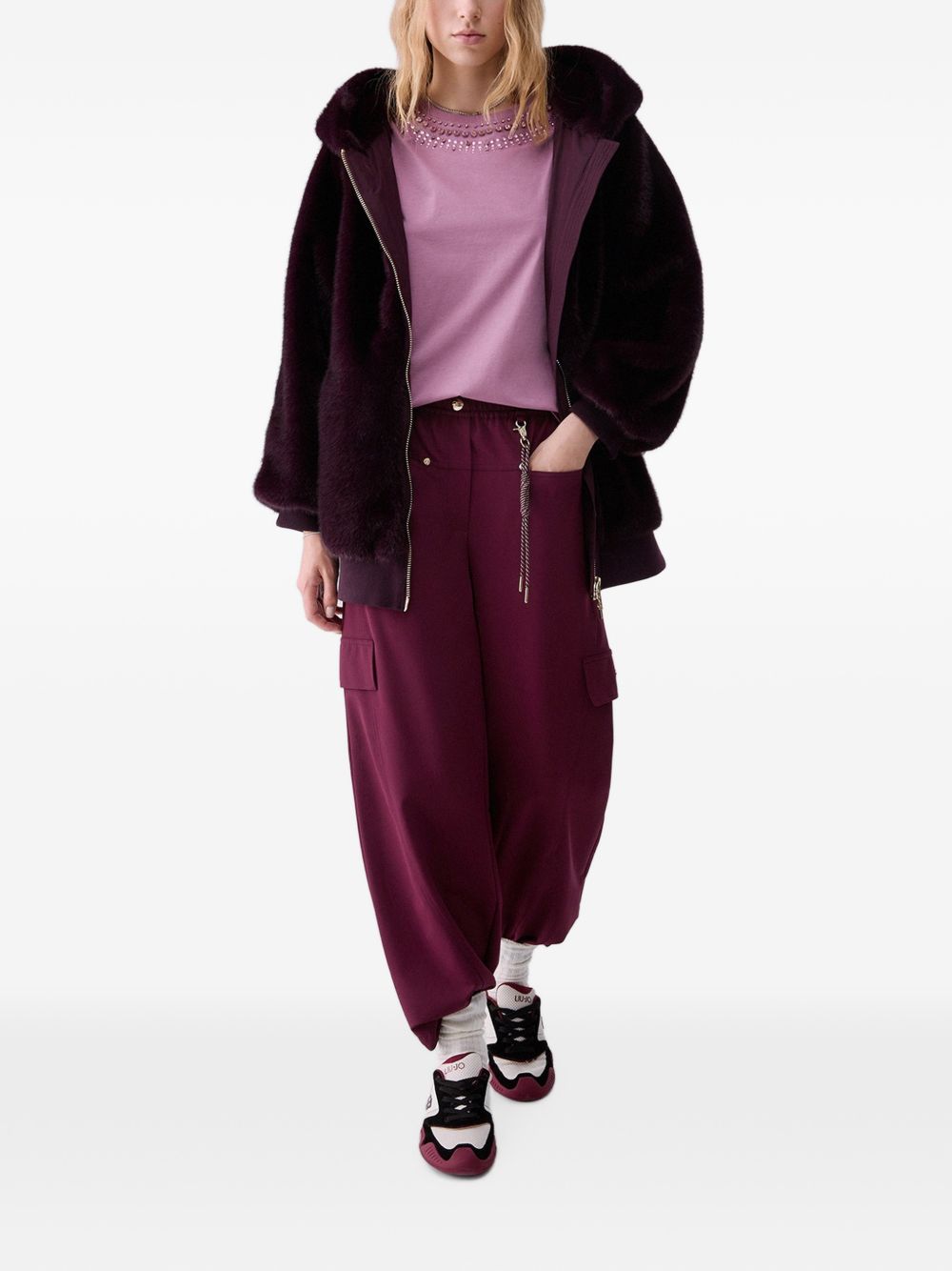 LIUJO Ecopelliccia oversize viola scuro con cappuccio 