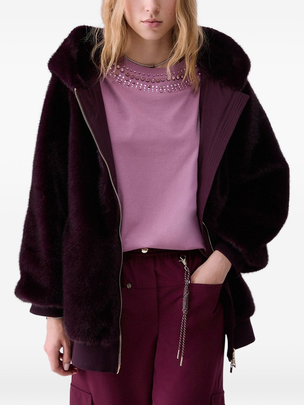 LIUJO Ecopelliccia oversize viola scuro con cappuccio 