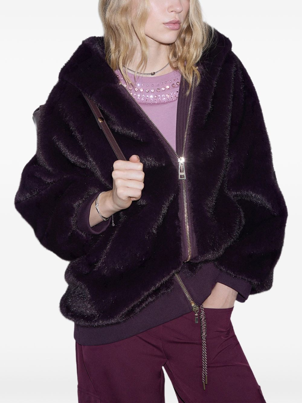LIUJO Ecopelliccia oversize viola scuro con cappuccio 