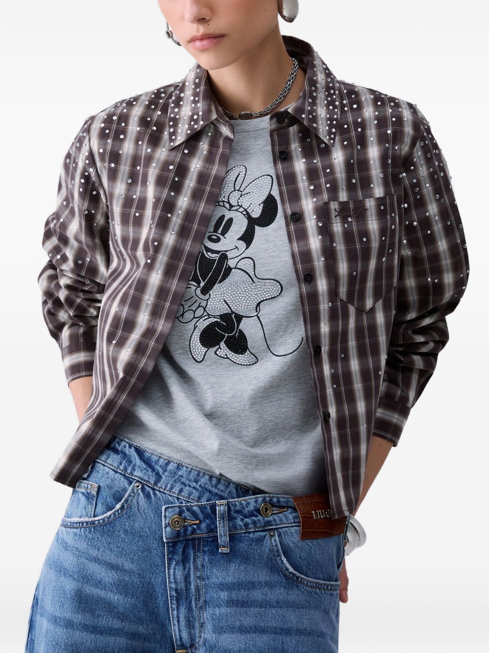 LIUJO Camicia tartan marrone a quadretti con strass 