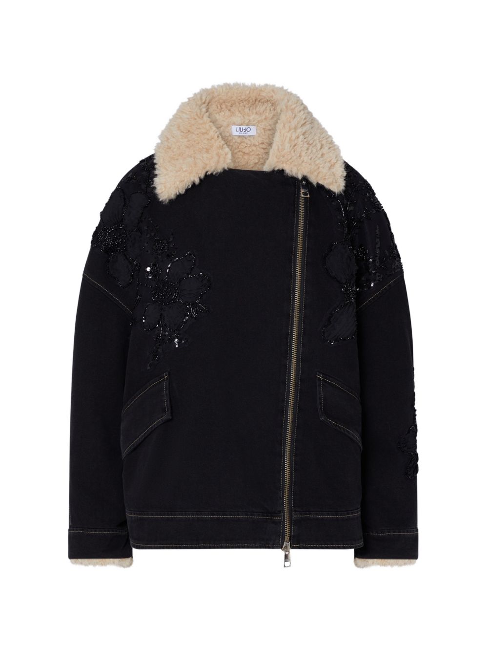 LIUJO Giubbotto nero con colletto in fur e ricami floreali con strass 