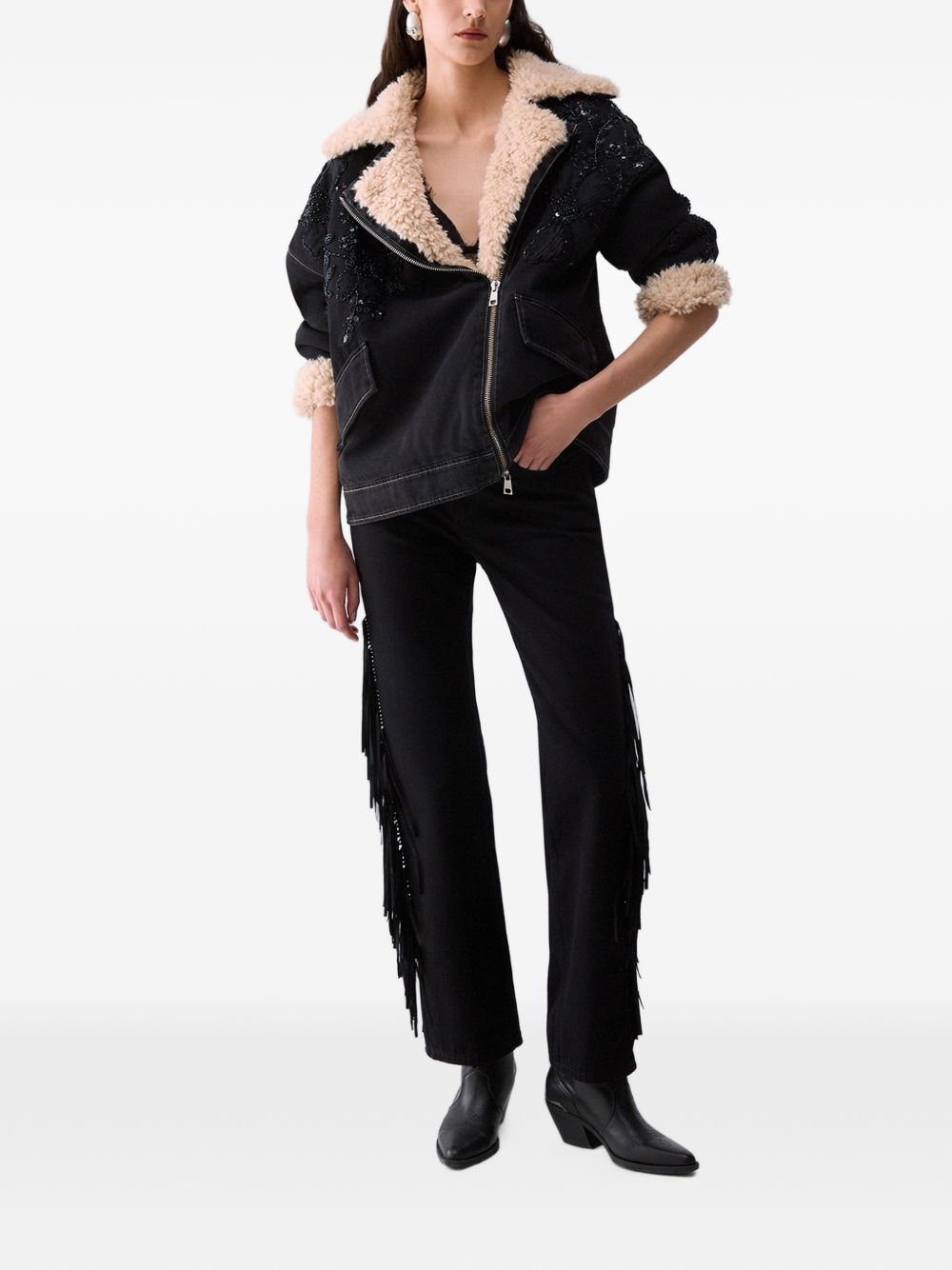 LIUJO Giubbotto nero con colletto in fur e ricami floreali con strass 