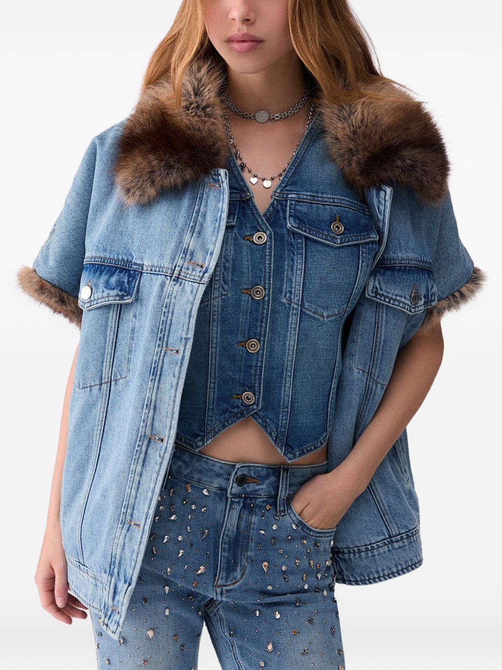 LIUJO Gilet in denim foderato in ecopelliccia 