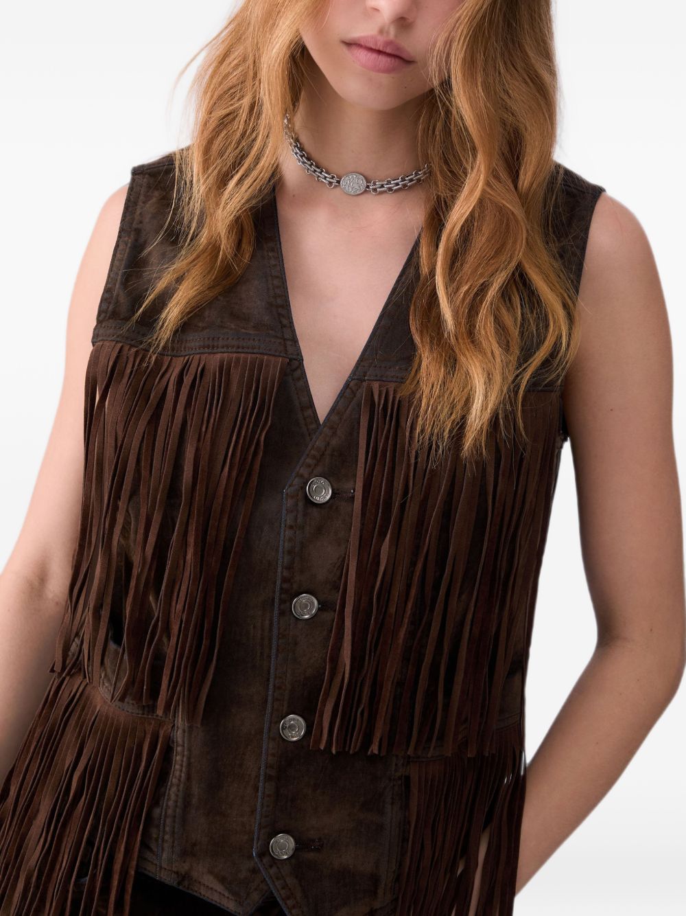 LIUJO Gilet marrone in suede con frange 