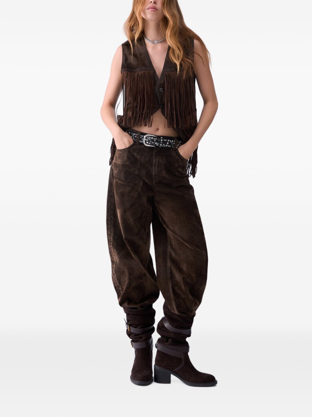 LIUJO Gilet marrone in suede con frange 