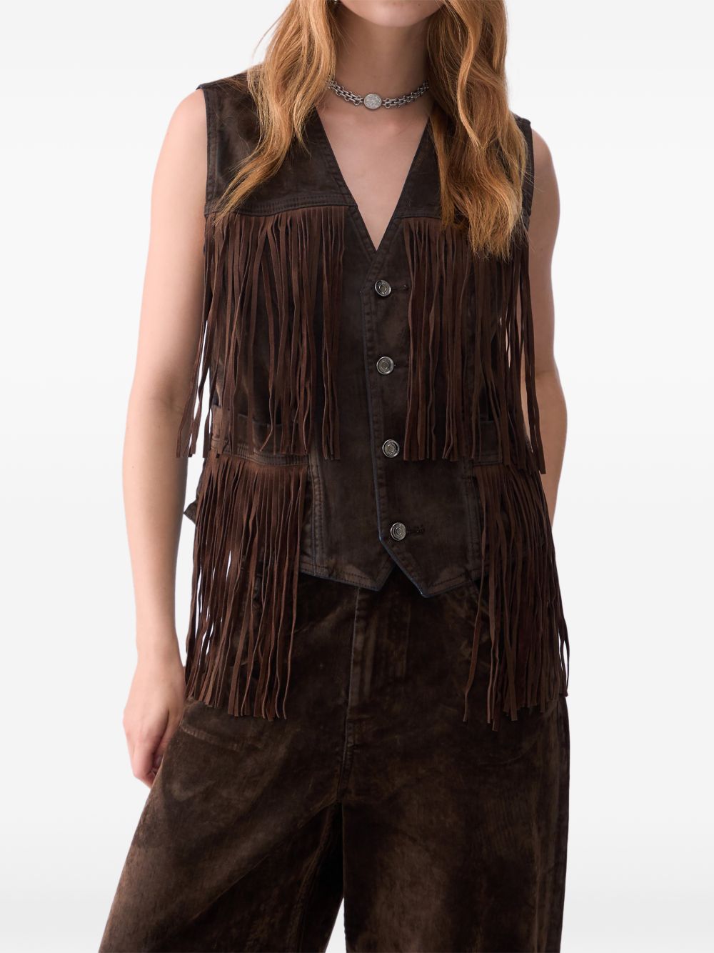 LIUJO Gilet marrone in suede con frange 