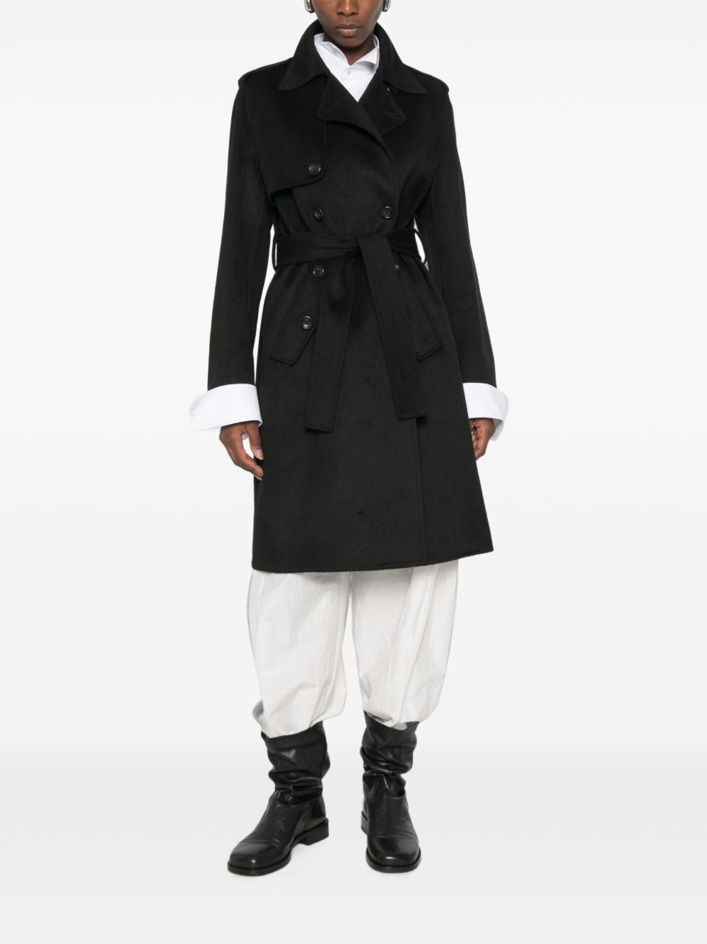 LIUJO Cappotto lungo nero in lana con cintura in vita 