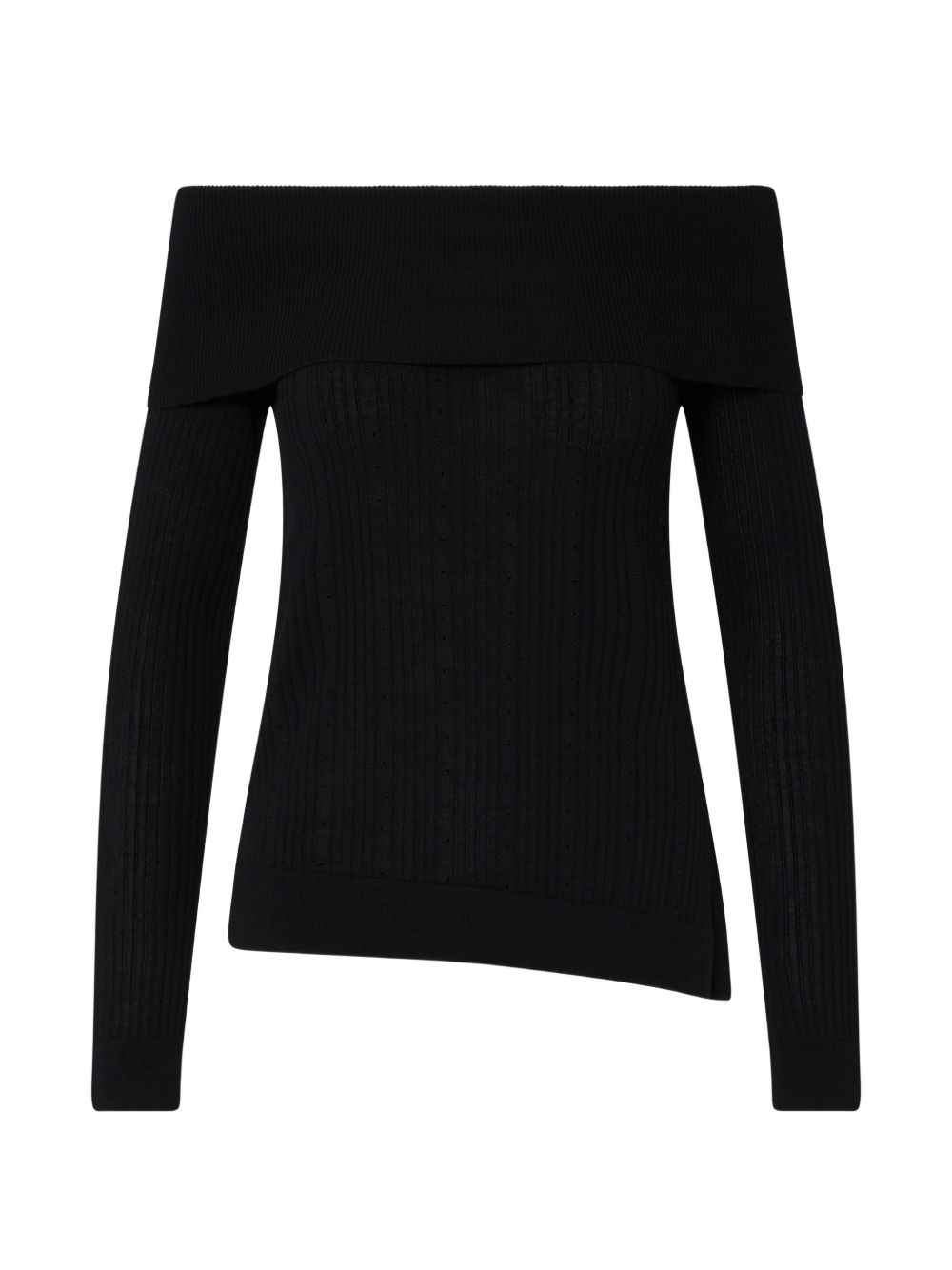 LIUJO Maglia nera con scollo Bardot di lana e spacco laterale 