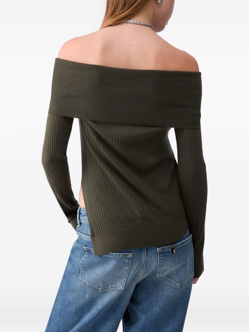 LIUJO Maglia verde oliva in lana con scollo Bardot e spacco laterale 