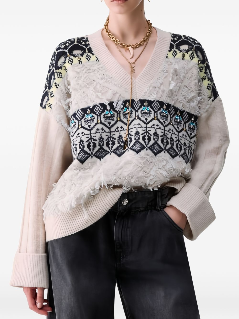 LIUJO Maglia panna e blu con scollo a V 