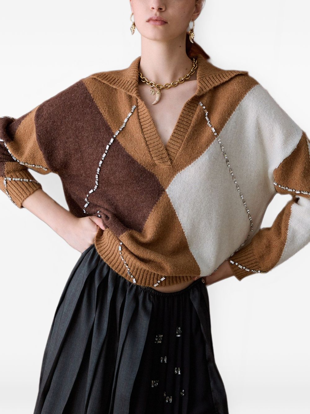 LIUJO Maglia marrone a rombi con strass 