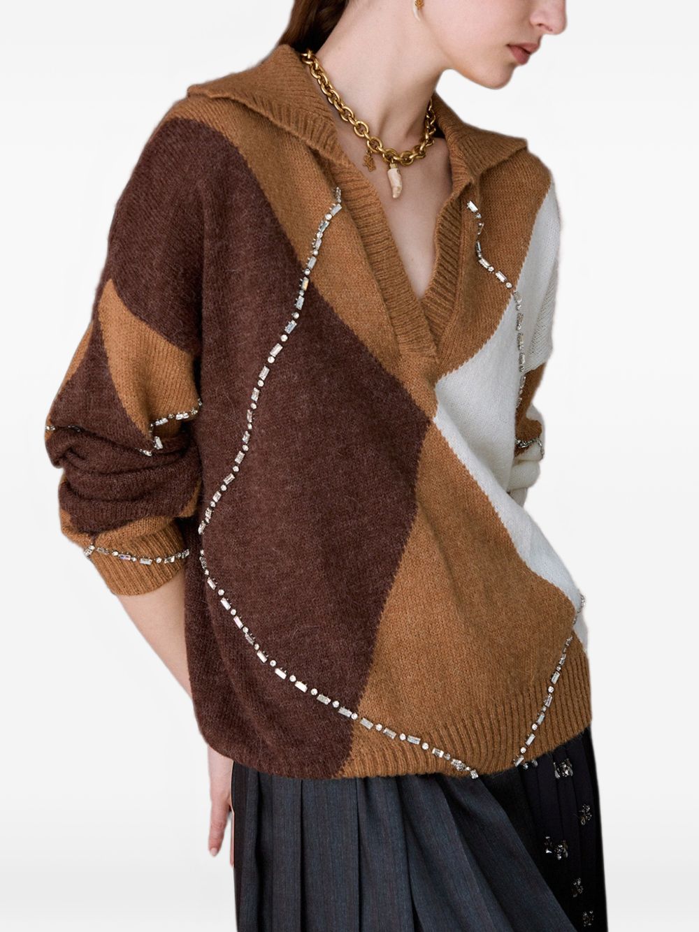 LIUJO Maglia marrone a rombi con strass 