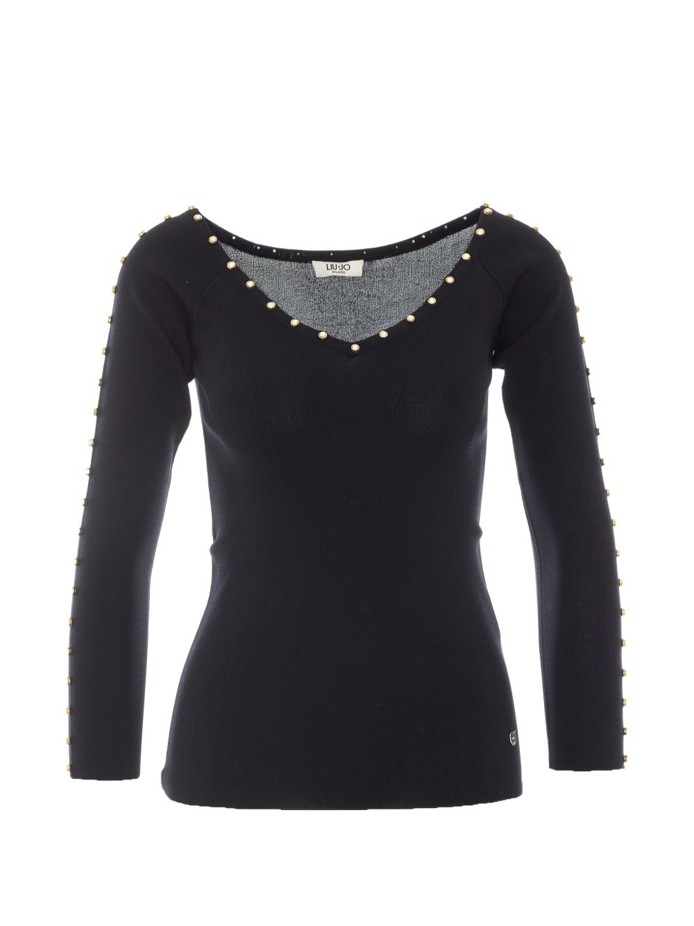 LIUJO Maglia nera con scollo e strass perimetrali 