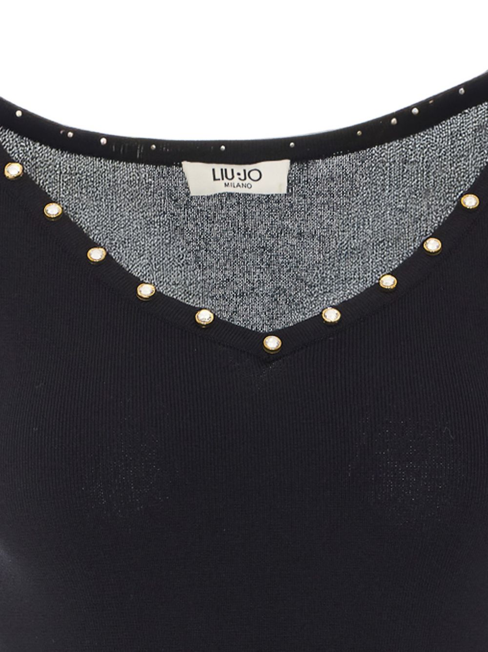 LIUJO Maglia nera con scollo e strass perimetrali 