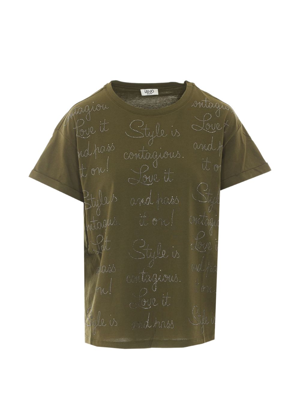 LIUJO T-shirt verde militare a maniche corte con strass 