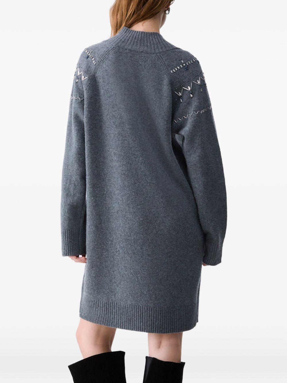 LIUJO Abito corto in maglia di lana grigio con strass e scollo a V 