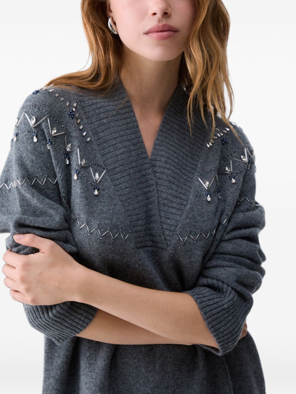 LIUJO Abito corto in maglia di lana grigio con strass e scollo a V 