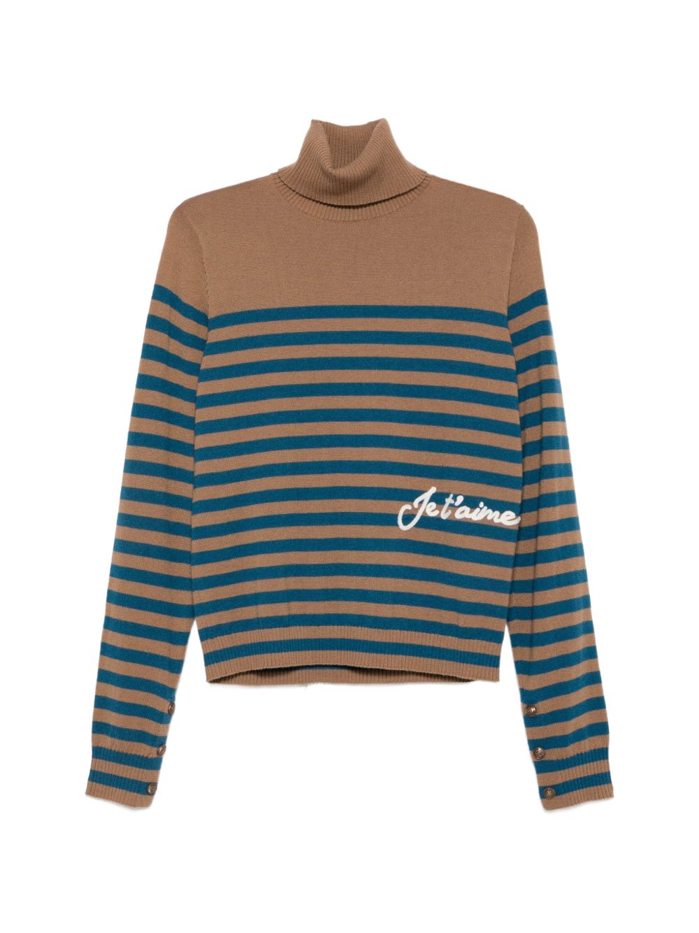 LIUJO Maglia J'ai T'aime marrone a collo alto con righe verdi 