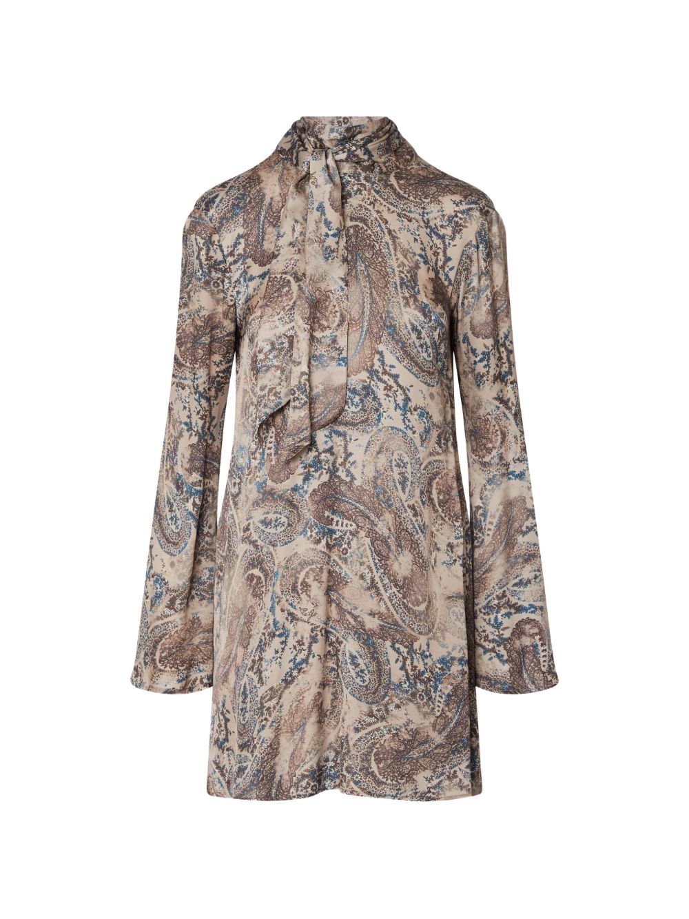 LIUJO Abito beige con motivo floreale marrone e blu e collo lavallière 