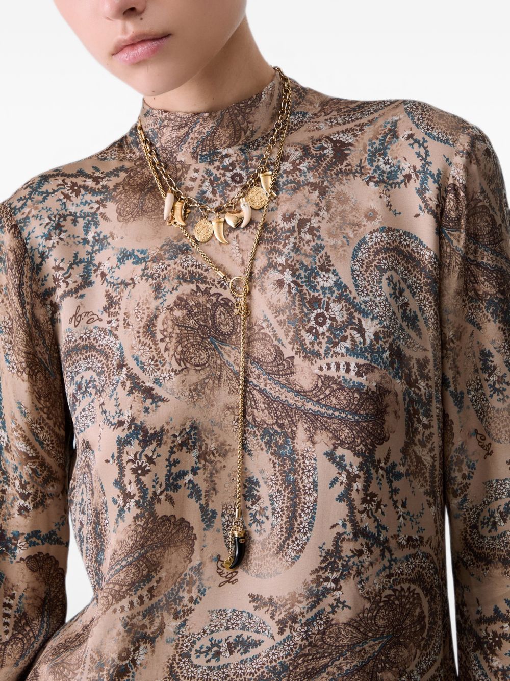 LIUJO Abito beige con motivo floreale marrone e blu e collo lavallière 