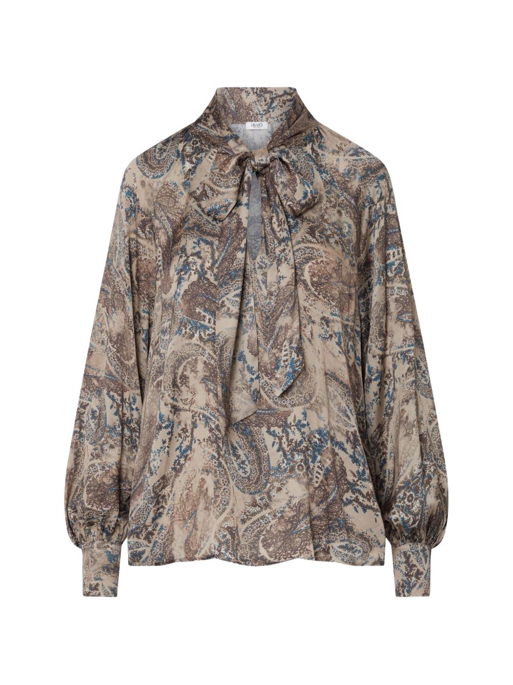 LIUJO Camicia beige con motivo floreale marrone e blu e collo lavallière 