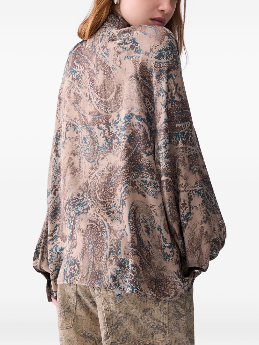 LIUJO Camicia beige con motivo floreale marrone e blu e collo lavallière 