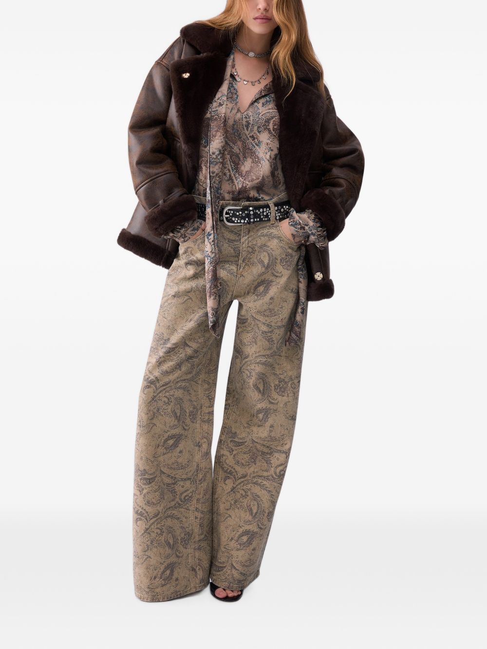 LIUJO Camicia beige con motivo floreale marrone e blu e collo lavallière 