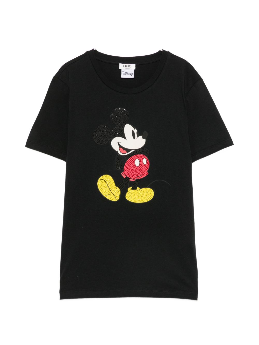 LIUJO T-shirt nera in cotone con stampa Mickey e strass 