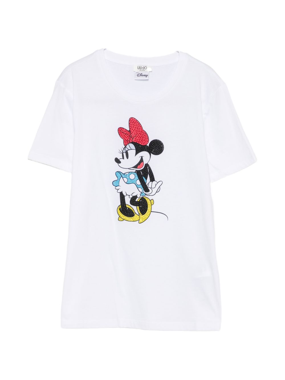 LIUJO T-shirt bianca in cotone con stampa Minnie e strass 