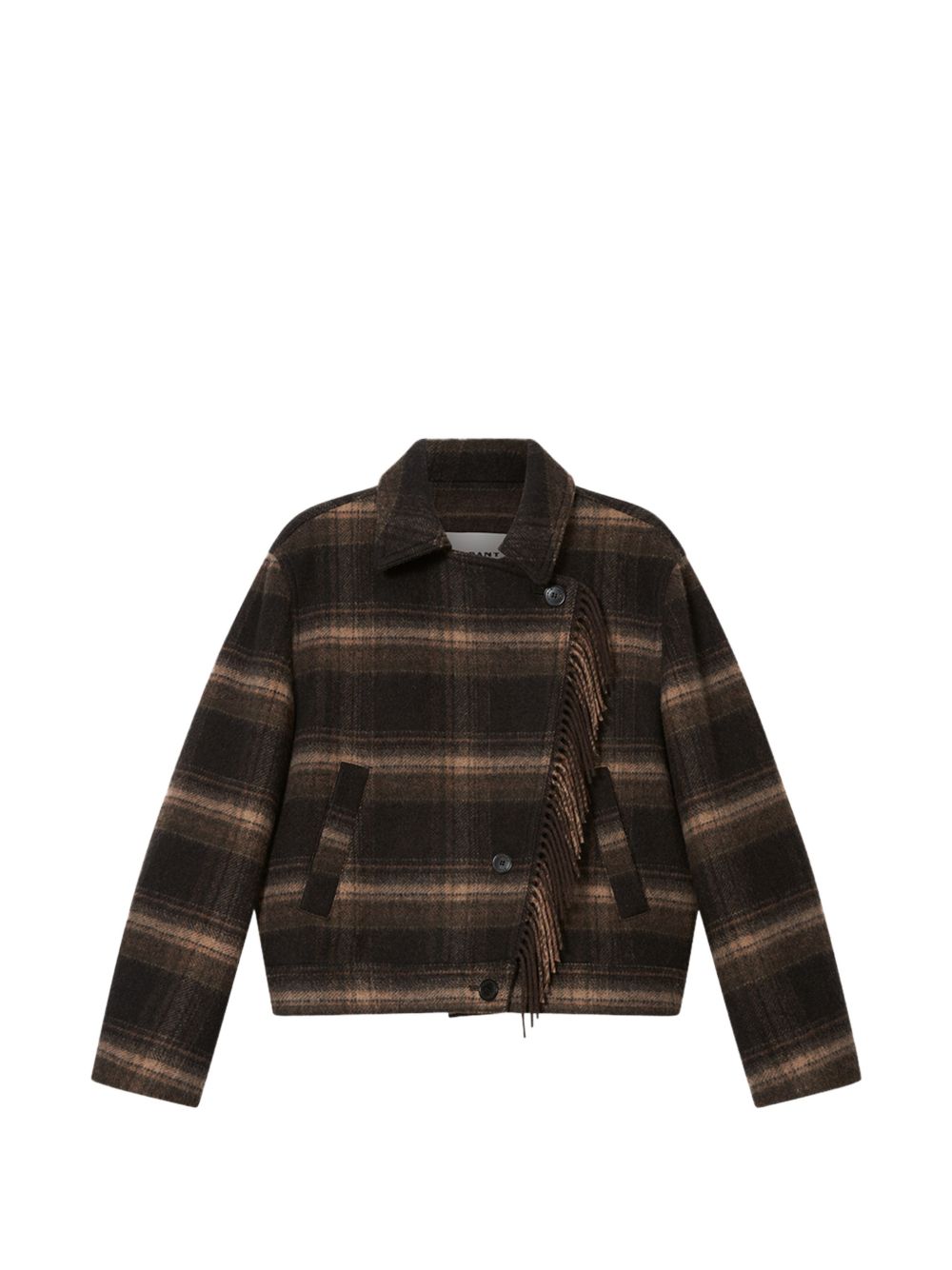 MARANT ETOILE Cappotto corto a quadri nero e kaki con frange 