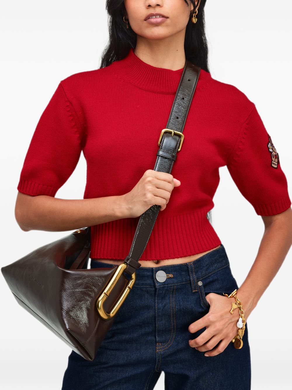 MARC JACOBS Borsa a spalla in pelle marrone scuro con dettagli dorati 