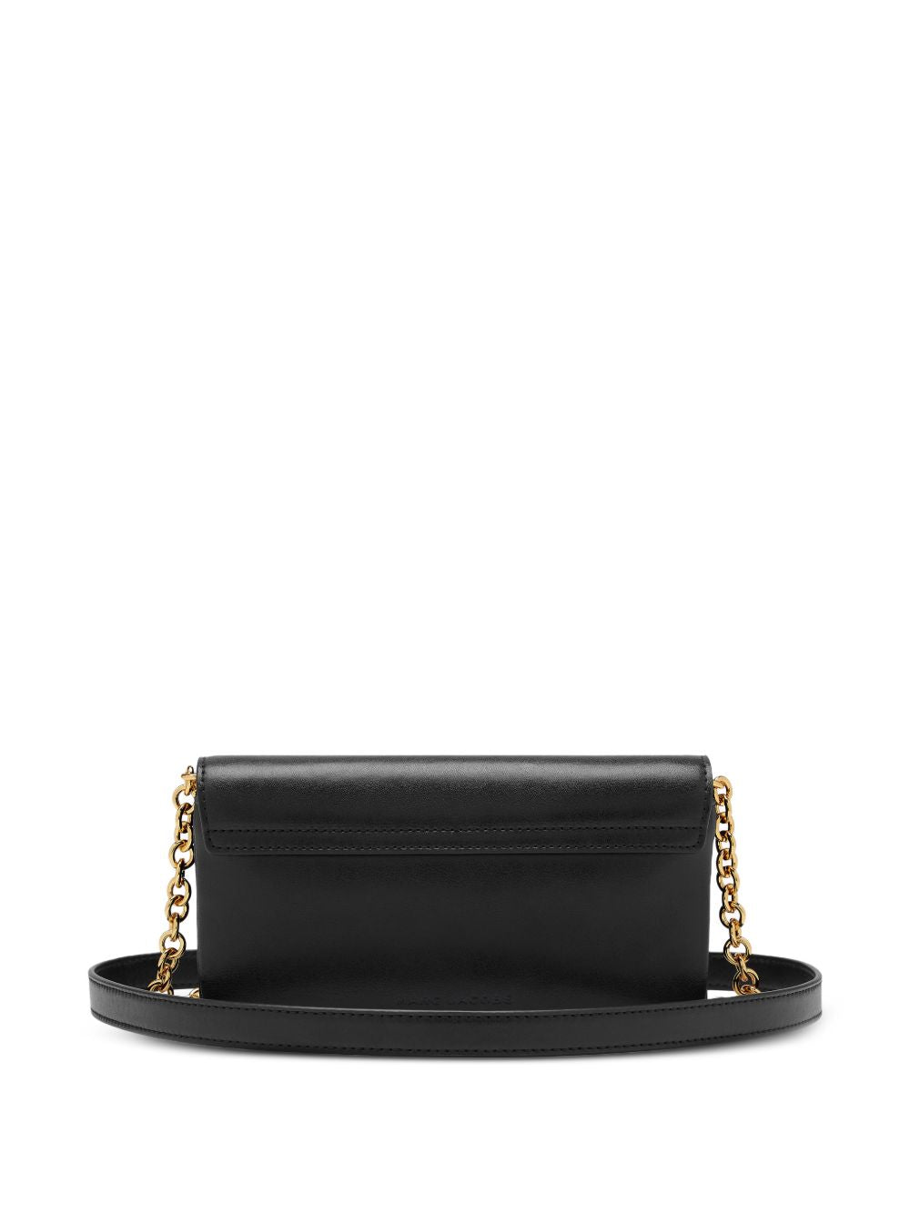 MARC JACOBS Clutch nera in pelle con tracolla a catena e placca logo dorate 